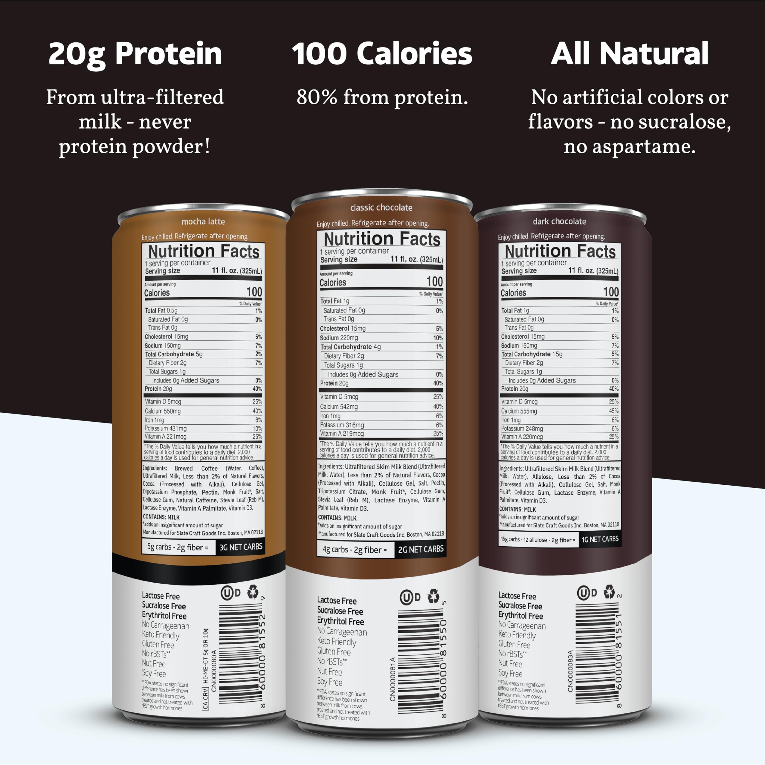 Slate Milk Dark Chocolate bottle, lactose-free 20g protein for post-workout recovery.