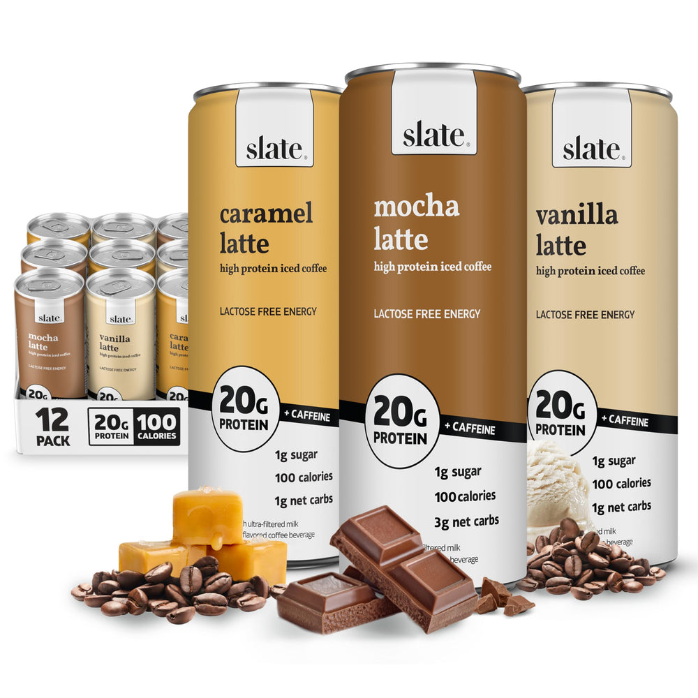 Slate Milk Energy Pack Caramel Latte can highlighting lactose-free protein for a quick boost