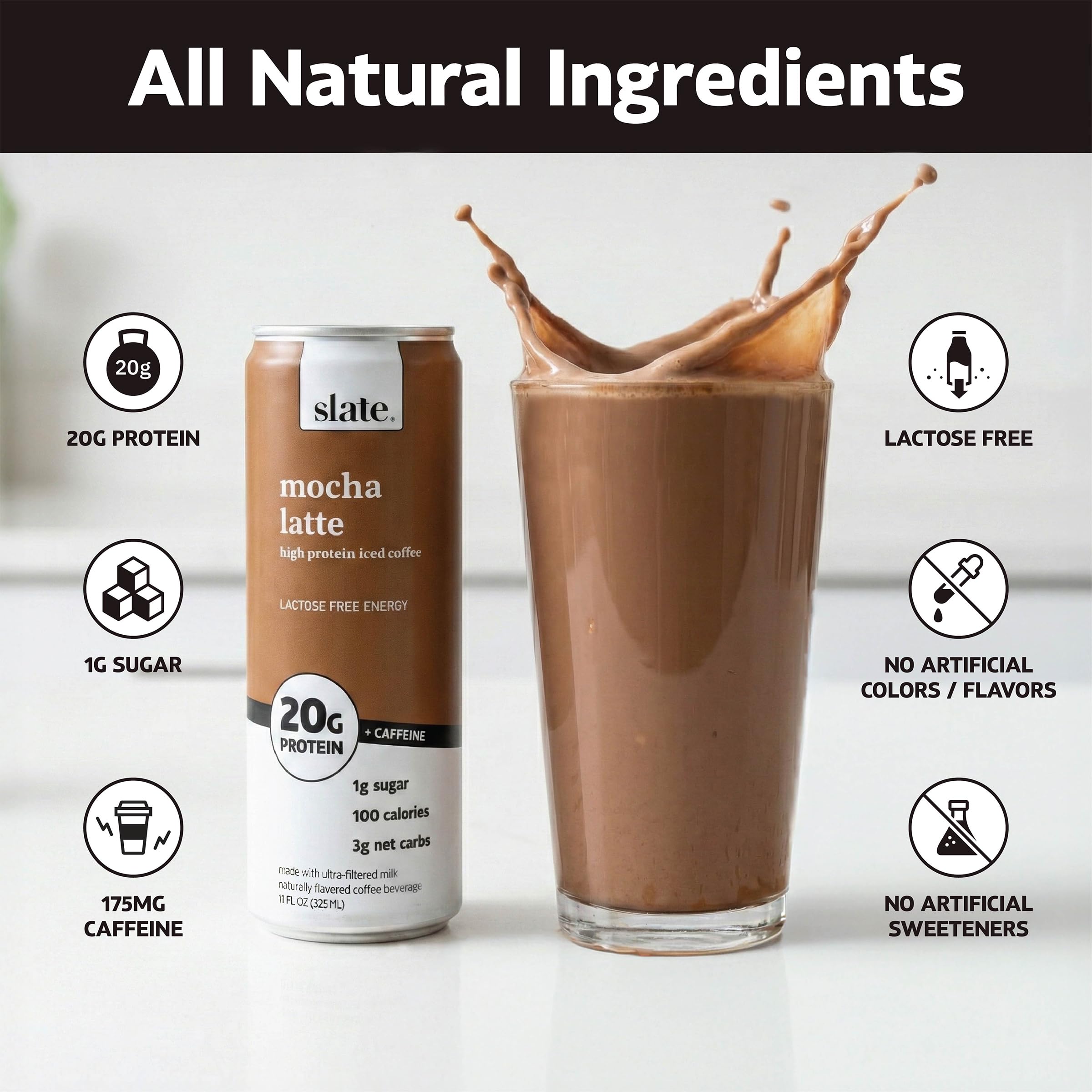 Slate Milk Energy Pack Mocha Latte can showing rich flavor with protein and low sugar