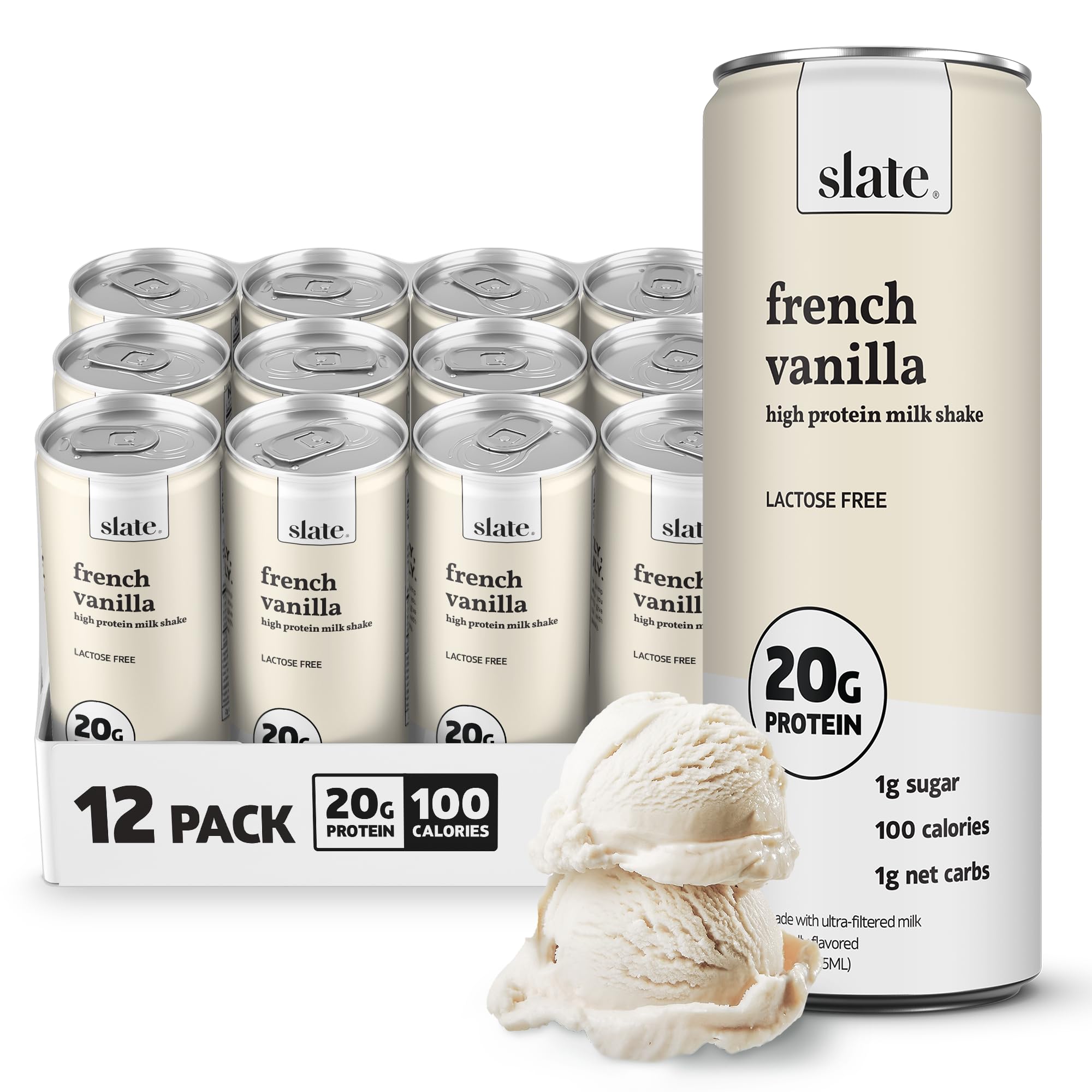 Slate Milk high-protein French Vanilla shake pouring, showcasing creamy texture and lactose-free nutrition for workouts