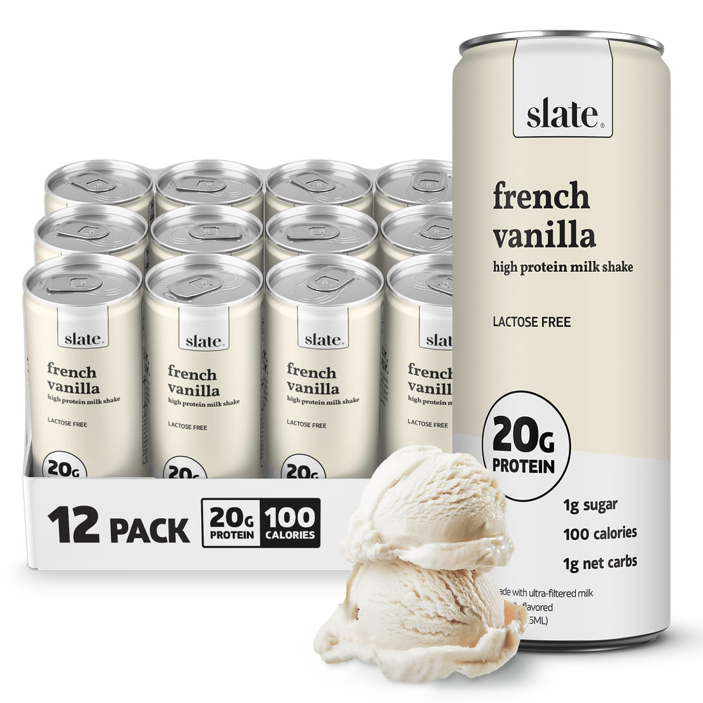 Slate Milk high-protein French Vanilla shake pouring, showcasing creamy texture and lactose-free nutrition for workouts
