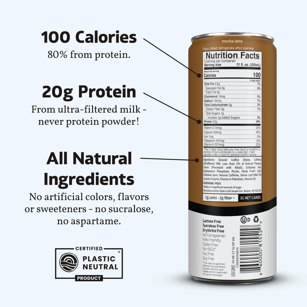 Slate Milk Mocha Latte pour reveals chocolatey flavor and 20g protein.