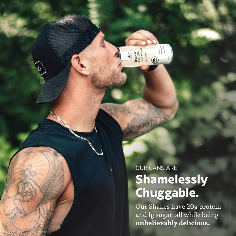 Slate Milk ultra-filtered milk process depicted with filter imagery and high protein