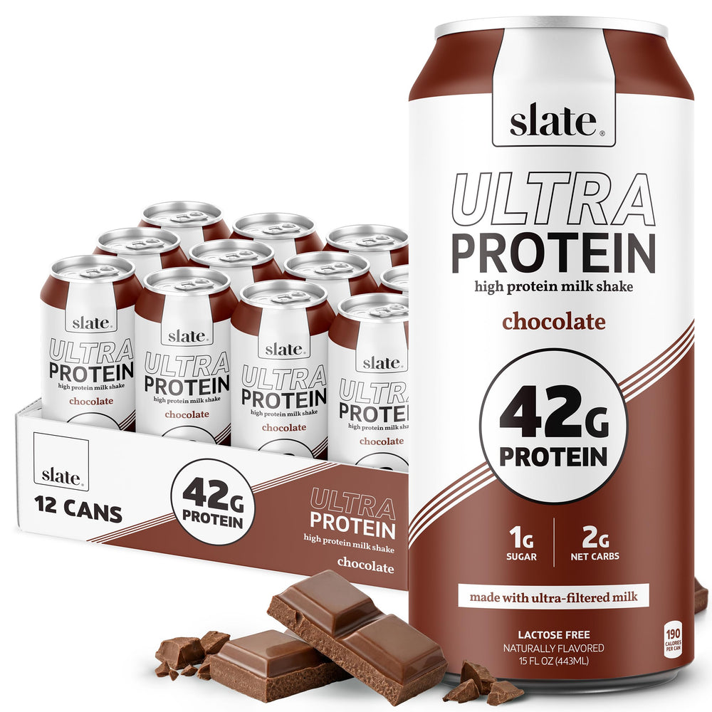 Slate Milk Ultra Protein Shake chocolate front can for high-protein breakfast on the go.