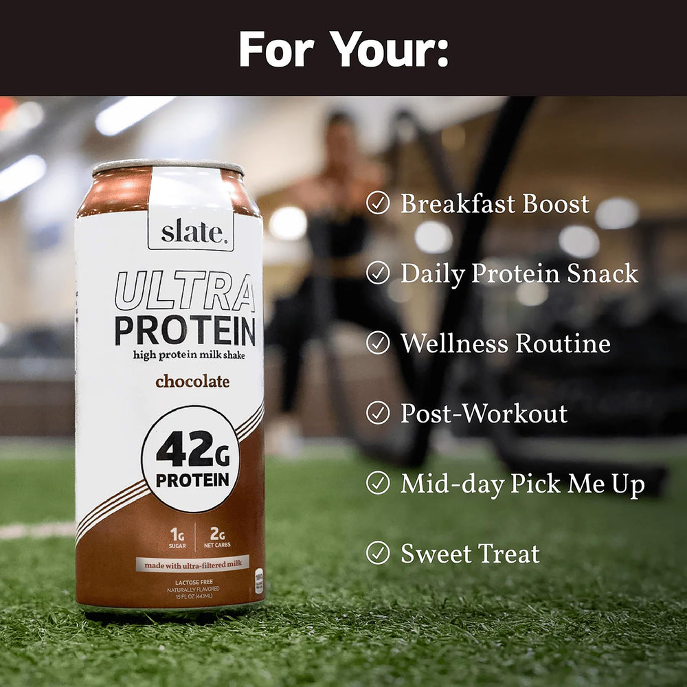 Slate Milk Ultra Protein Shake chocolate keto-friendly label emphasizing zero added sugar.