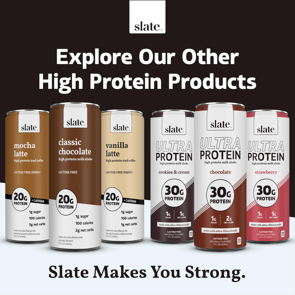Slate Milk Ultra Protein Shake chocolate multipack box showing twelve cans.