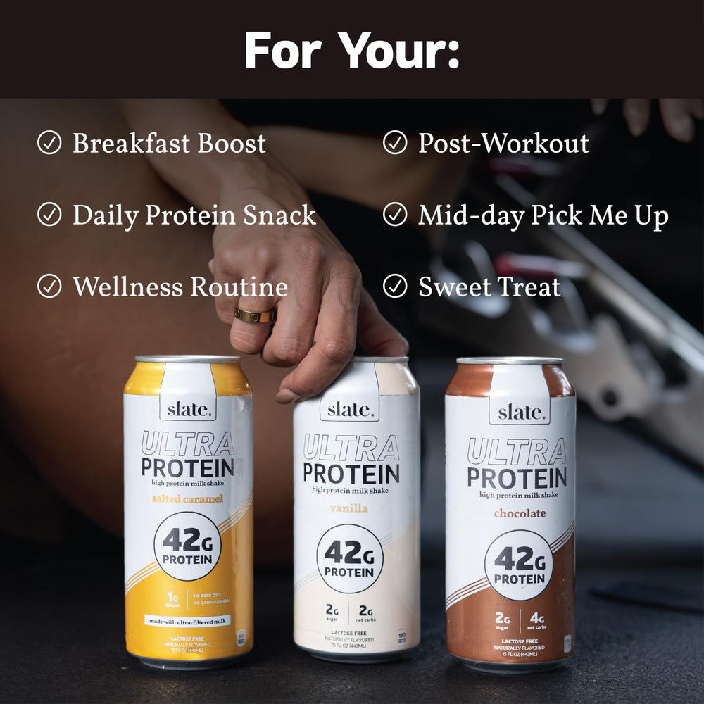 Slate Milk Ultra Protein Shake pour into glass shows quick, satisfying post-workout refreshment
