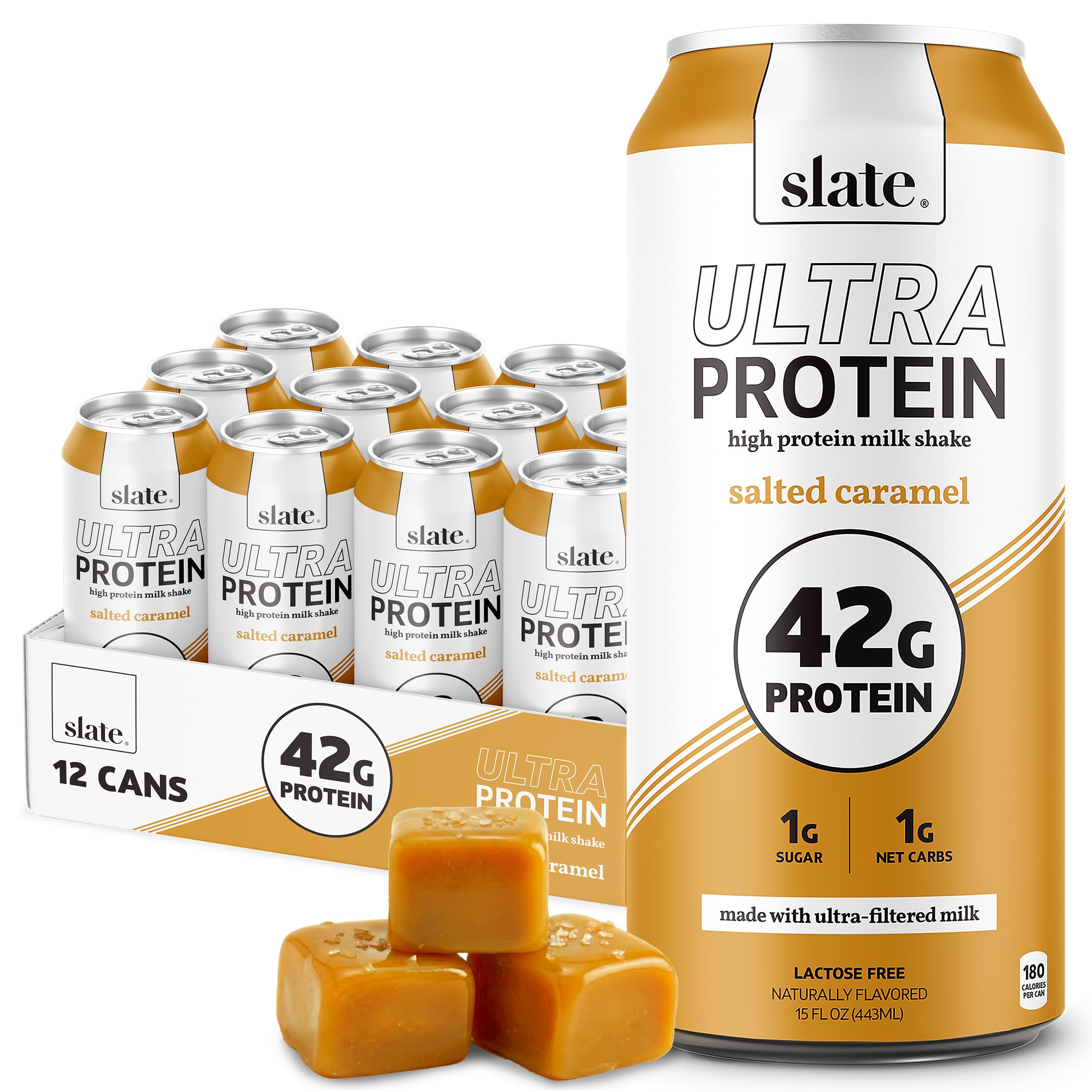 Slate Milk Ultra Protein Shake salted caramel bottle pour for a high protein breakfast