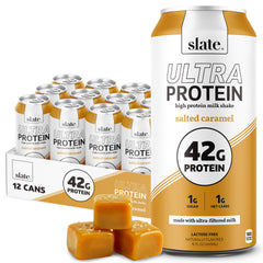 Slate Milk Ultra Protein Shake salted caramel bottle pour for a high protein breakfast