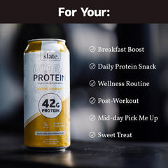 Slate Milk nutrition panel highlights 42g protein and 1g sugar for post-workout refuel
