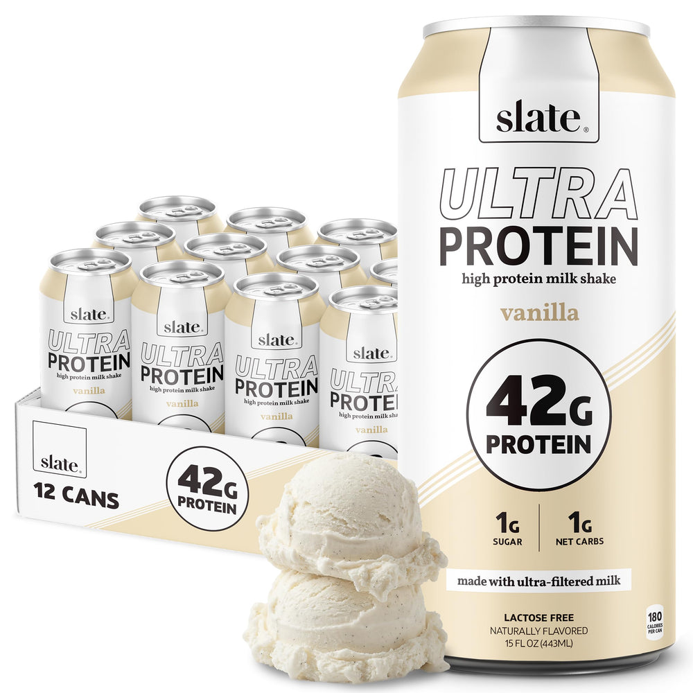 Slate Milk Ultra Protein Shake Vanilla bottle showing protein-rich formula for a balanced day