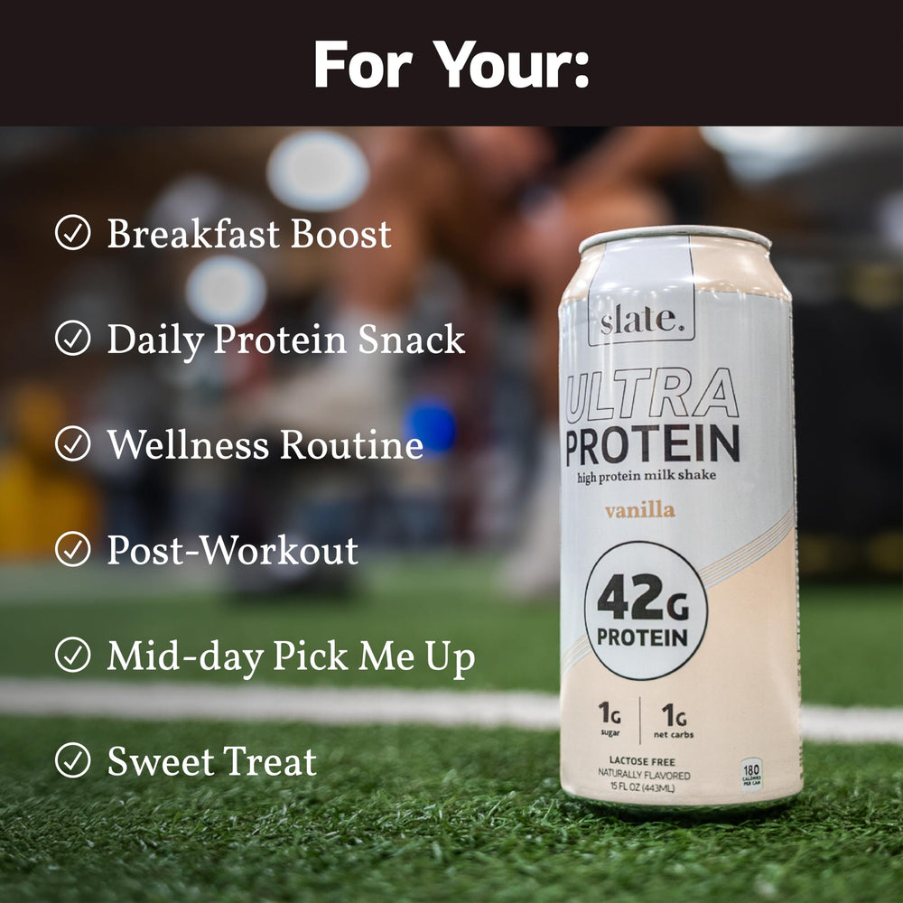Slate Milk Ultra Protein Shake Vanilla nutrition panel highlighting 42g protein per serving