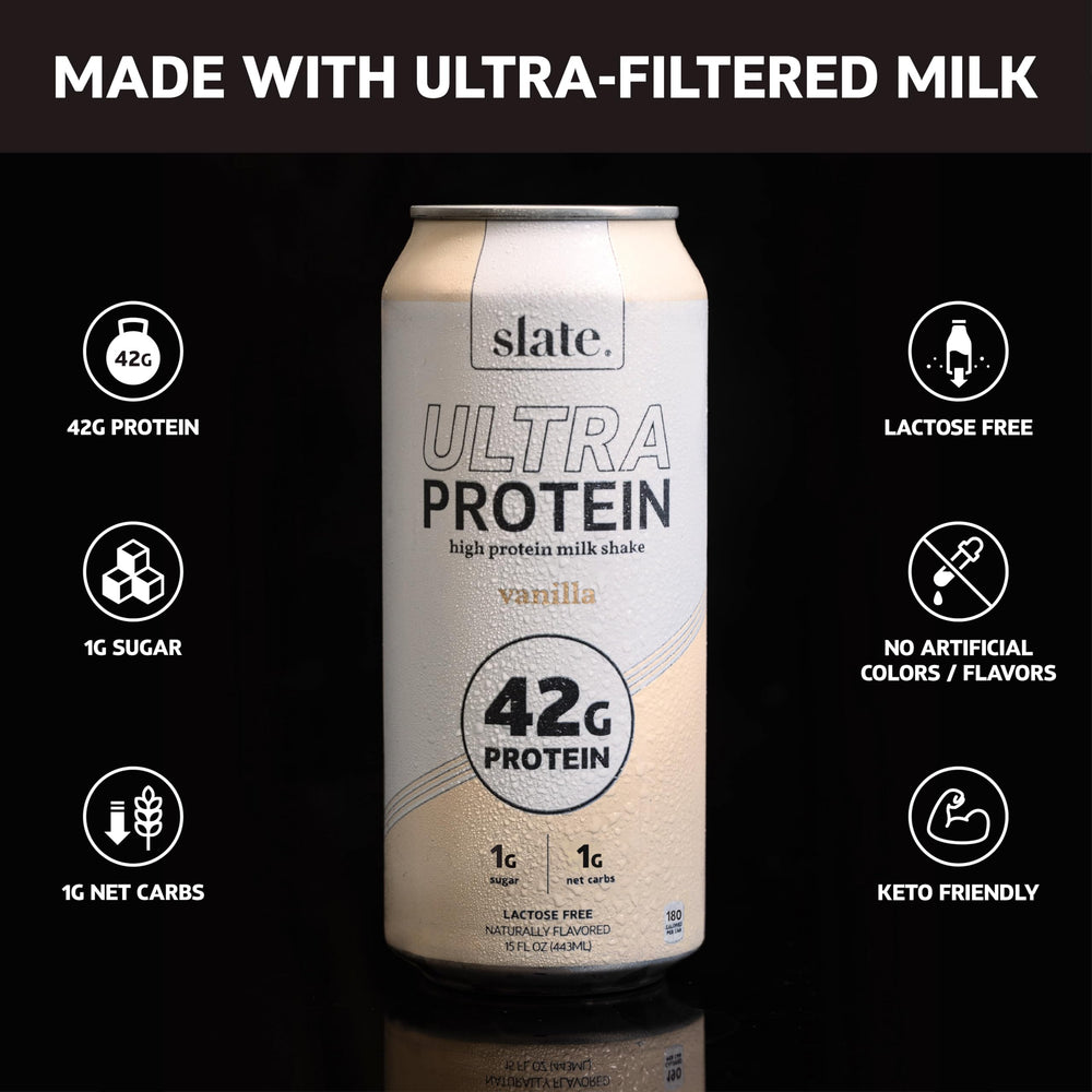 Slate Milk Ultra Protein Shake Vanilla being poured into a glass for a quick breakfast
