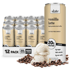 Slate Milk Vanilla Latte can front for an on-the-go protein boost.