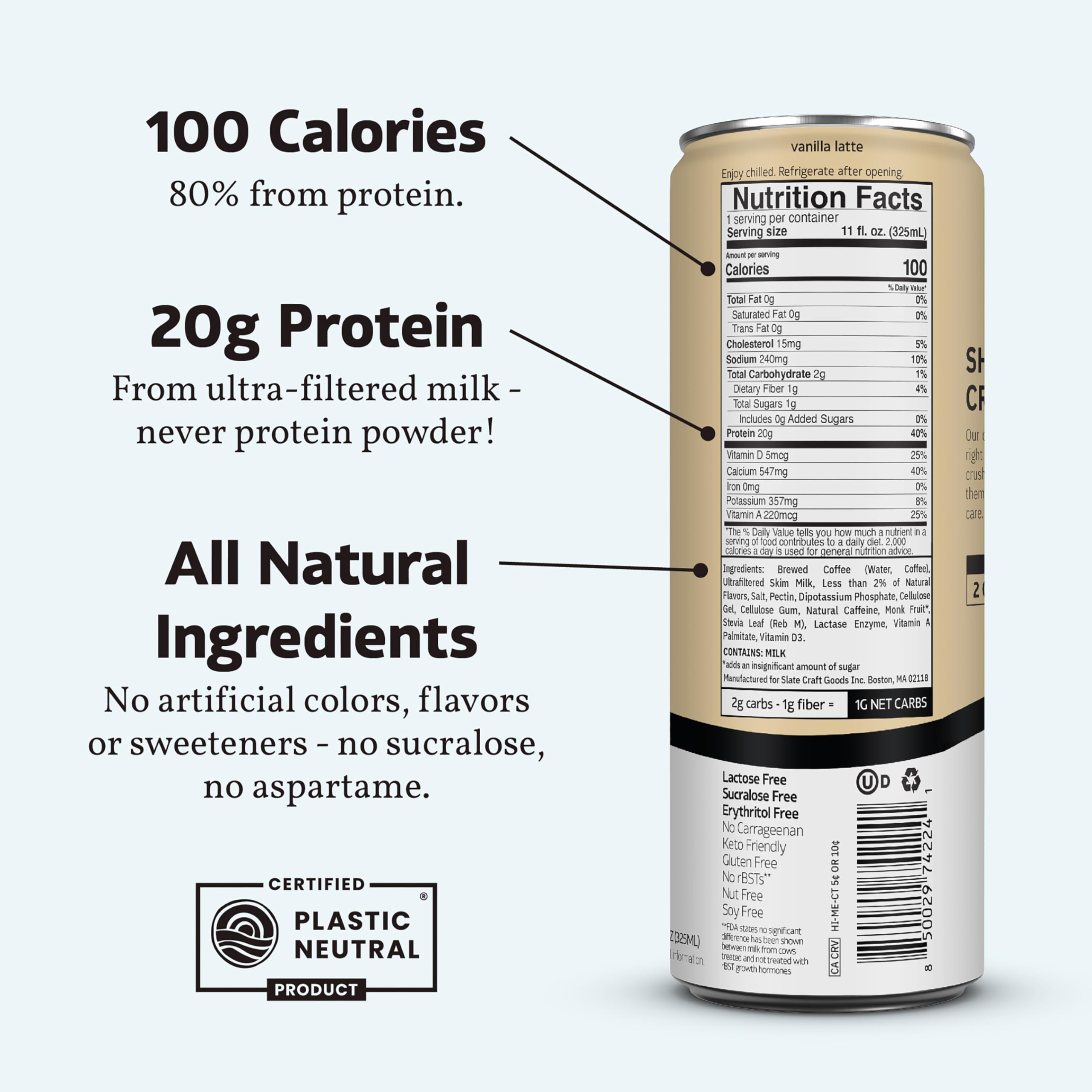 Slate Milk Vanilla Latte can nutrition label highlights protein and caffeine content.