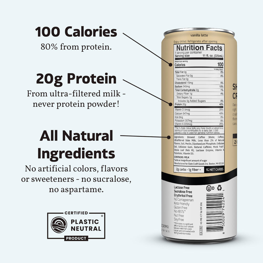 Slate Milk Vanilla Latte can nutrition label highlights protein and caffeine content.