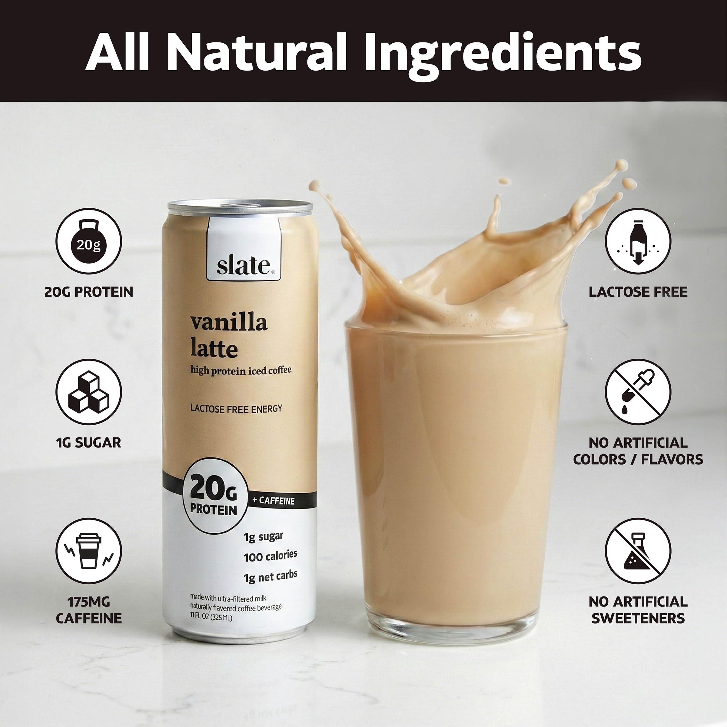 Slate Milk Vanilla Latte pour into a glass for quick energy.
