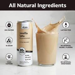 Slate Milk Vanilla Latte pour into a glass for quick energy.
