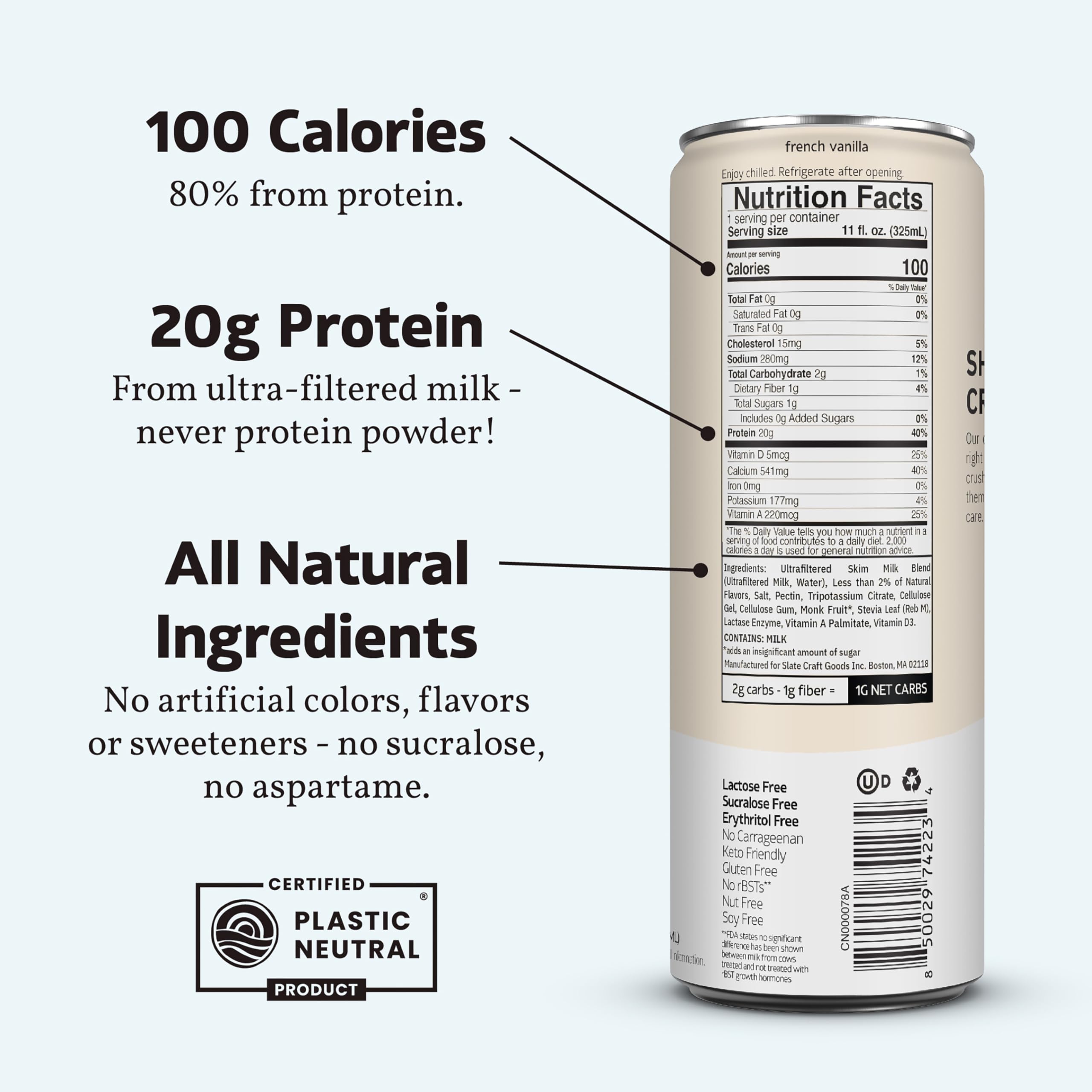 Slate Milk vanilla shake glass, 20g protein, ready for post-workout recovery