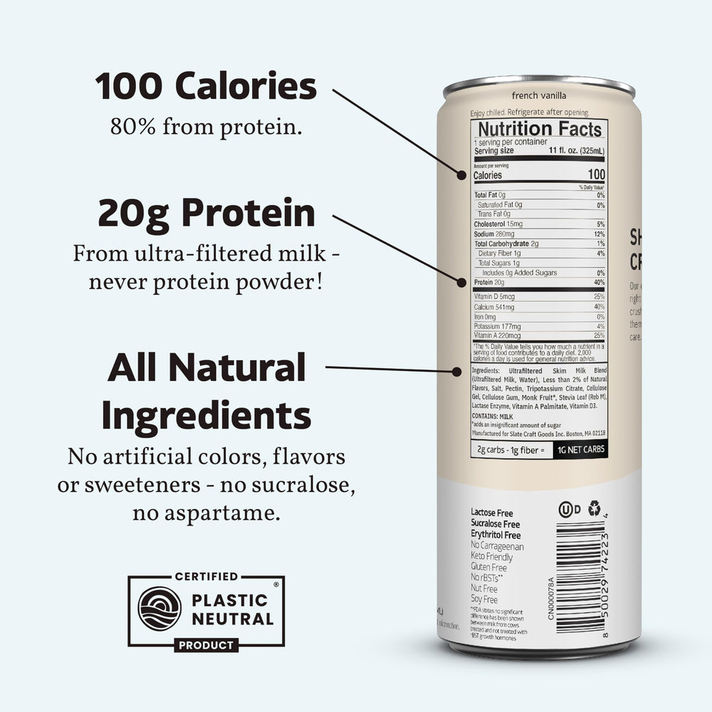 Slate Milk vanilla shake glass, 20g protein, ready for post-workout recovery