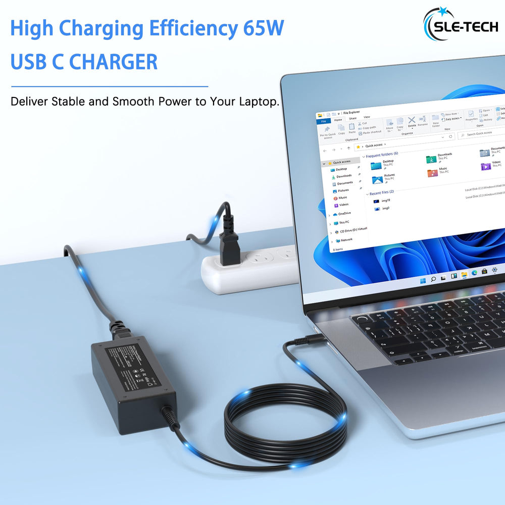 SLE-TECH 65W USB-C charger shown with Lenovo ThinkPad compatibility in mind.
