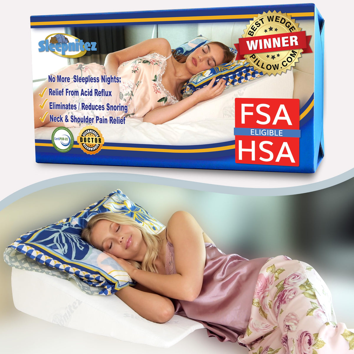 Sleepnitez 8-inch bed wedge pillow with memory foam top layer contours to the body for comfort.