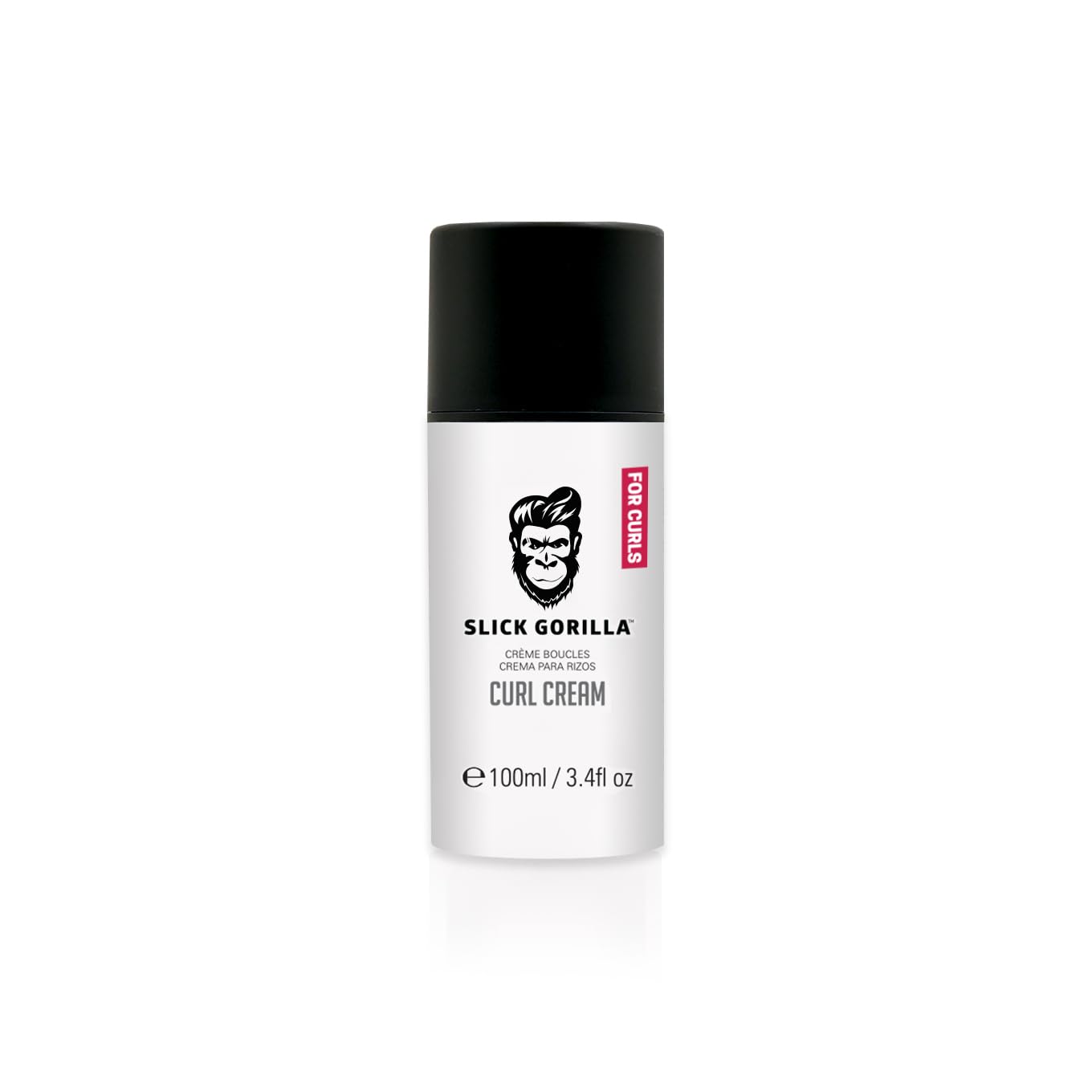 Slick Gorilla Curl Cream bottle close-up shows non-greasy hydration for defined curls.