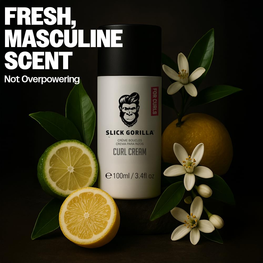 Slick Gorilla Curl Cream packaging highlights masculine scent and fresh notes.