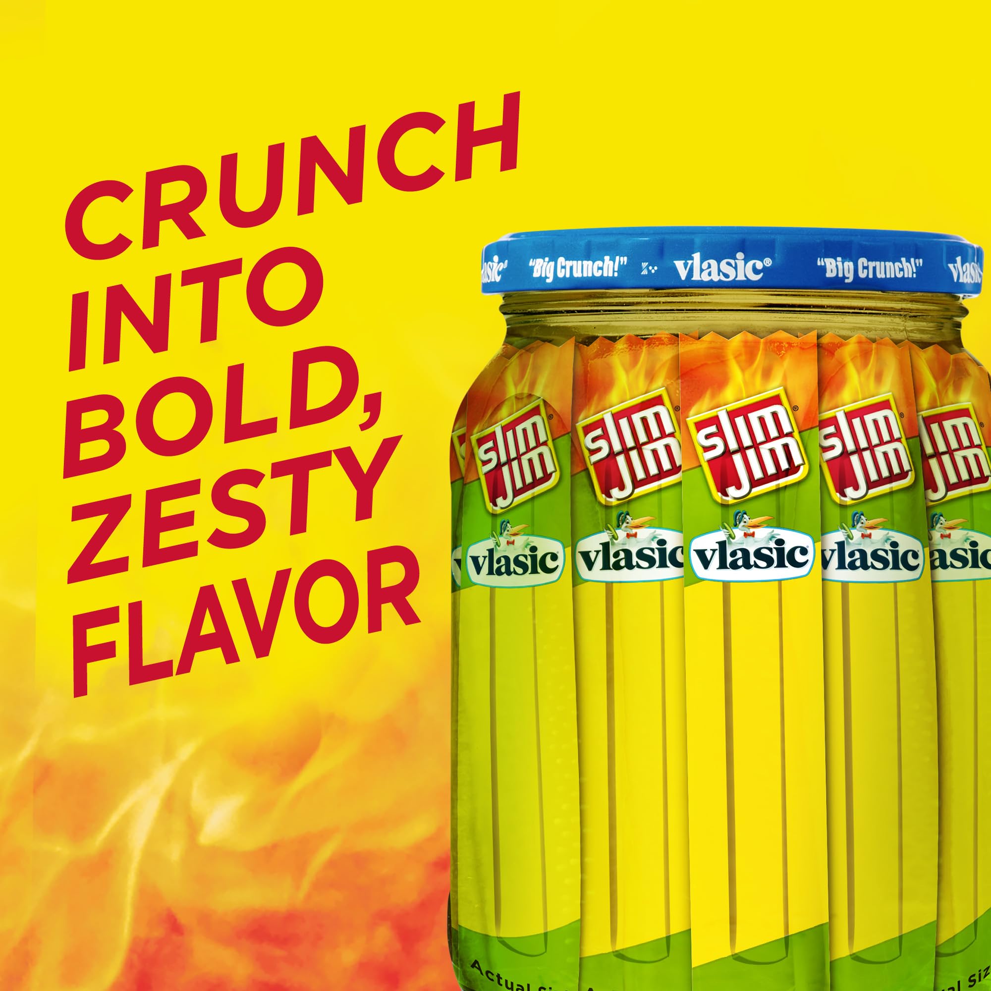 Slim Jim Vlasic Dill Pickle sticks showcased in a sturdy box for pantry stocking