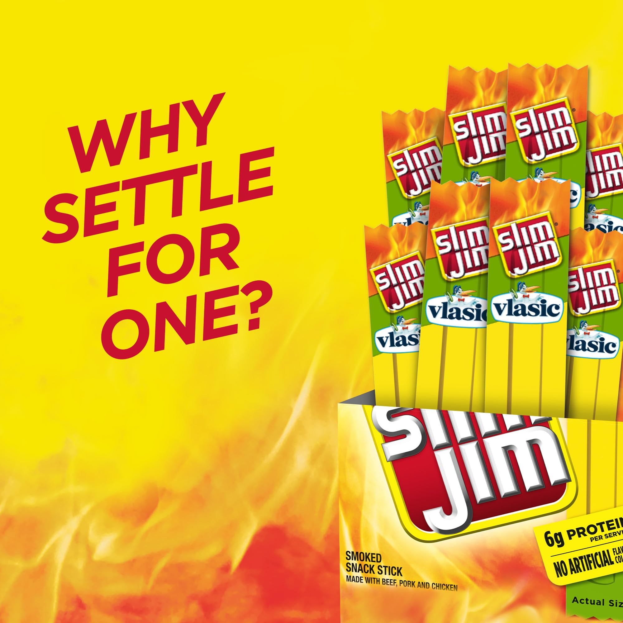Individually wrapped Slim Jim Vlasic Dill Pickle sticks for grab-and-go hunger management
