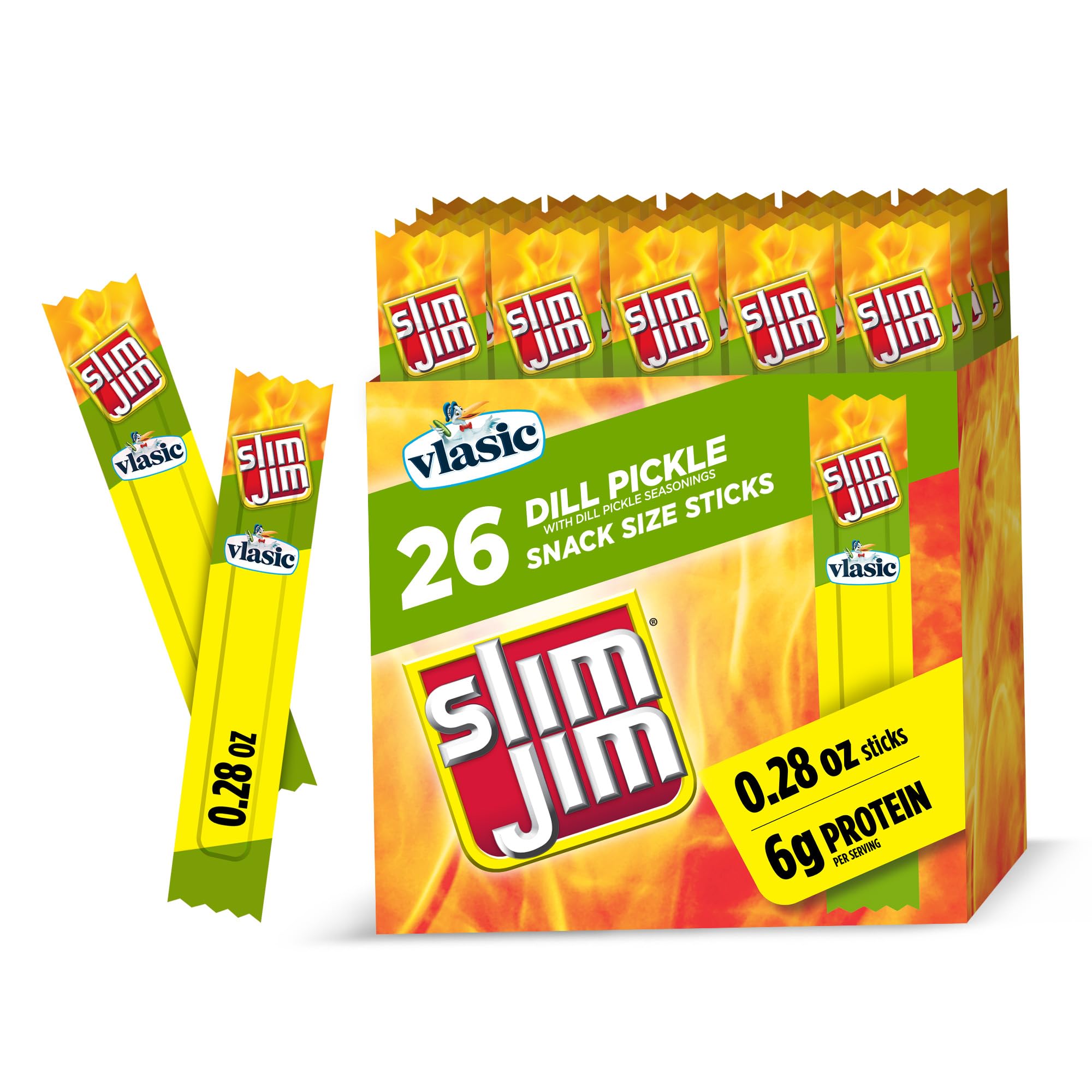Slim Jim Vlasic Dill Pickle snack stick close-up for on-the-go flavor and protein