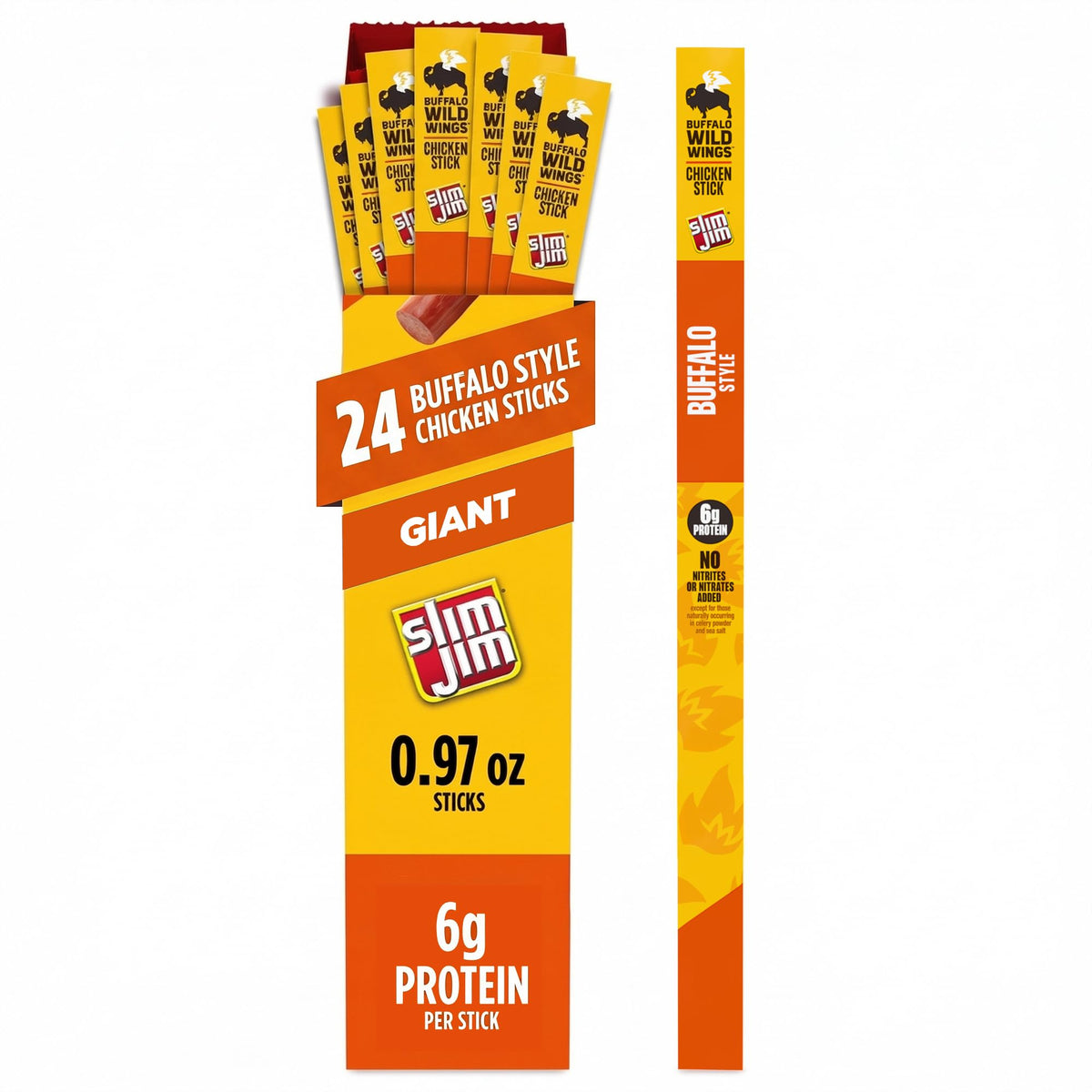 Slim Jim Giant Chicken Sticks Buffalo Style pack shot highlighting bold flavor for on-the-go snacking