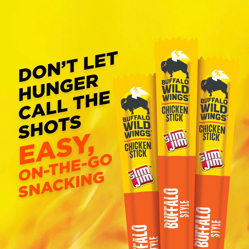 Slim Jim Giant Chicken Sticks Buffalo Style highlighting medium spice and tangy sauce