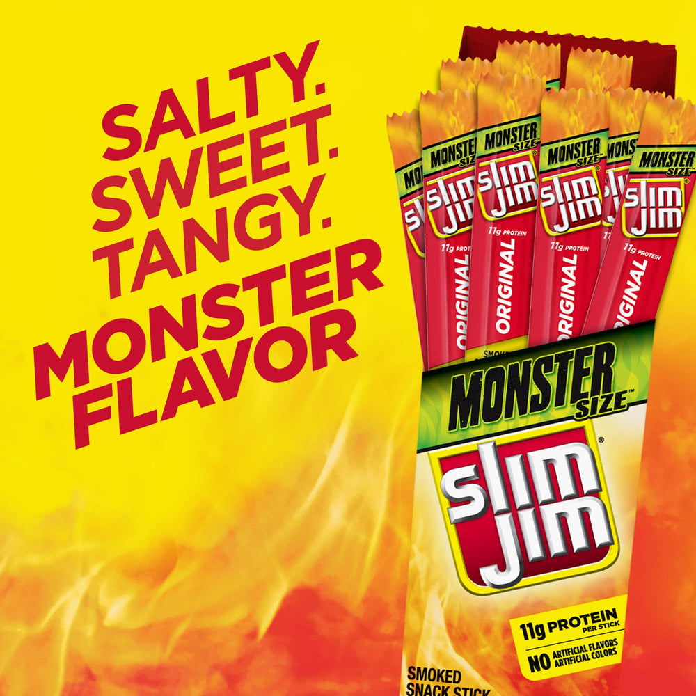 Slim Jim individually wrapped sticks highlighting convenient, mess-free snacking.