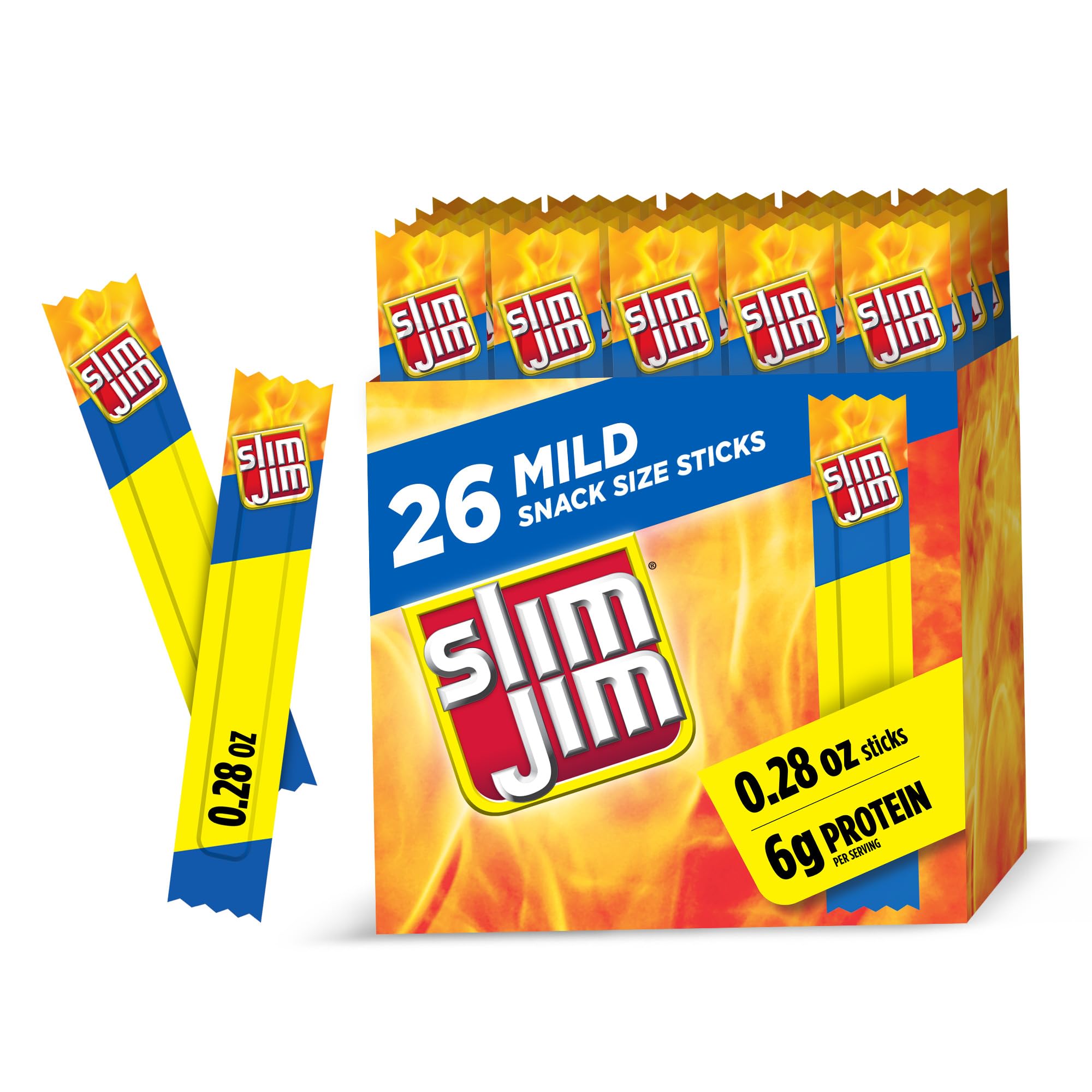Slim Jim Mild Snack Sticks box with 26-count packaging for on-the-go