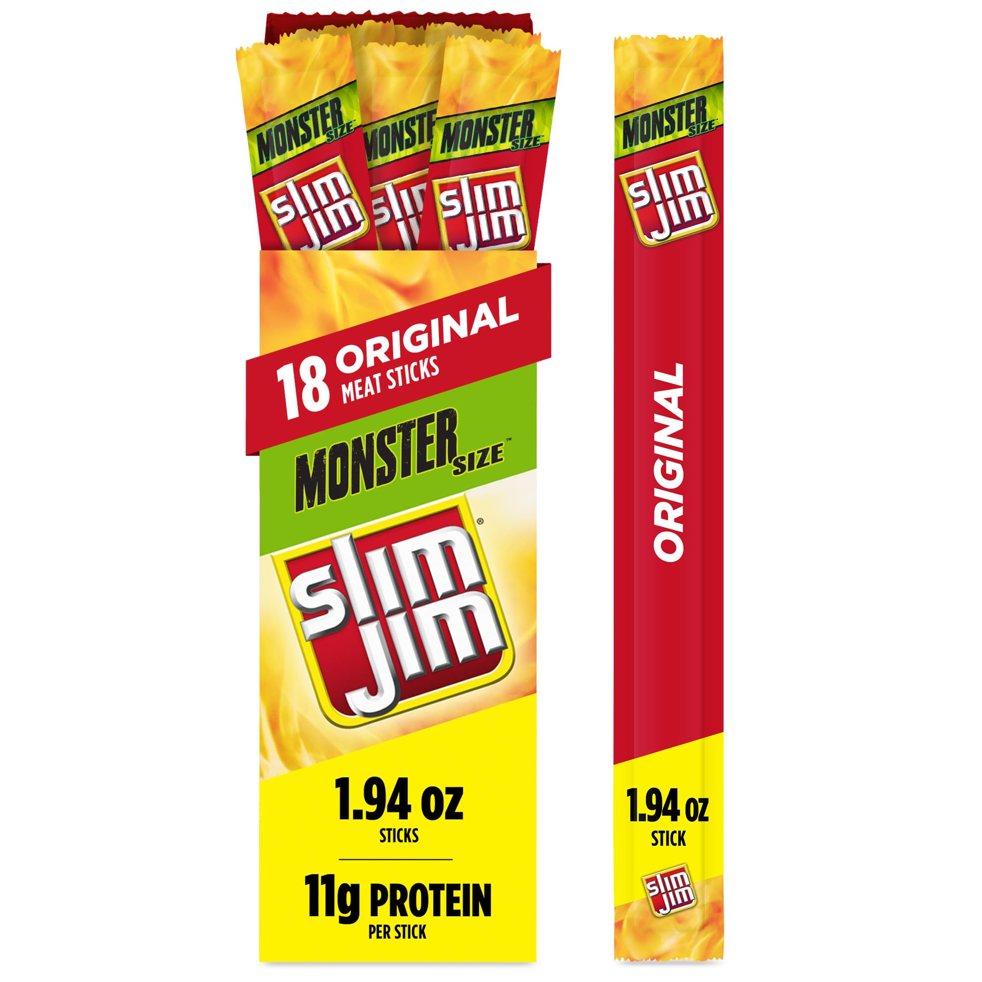 Slim Jim Monster Smoked Meat Sticks box image showing 18-count package for convenient snacking.