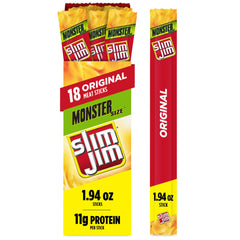 Slim Jim Monster Smoked Meat Sticks box image showing 18-count package for convenient snacking.