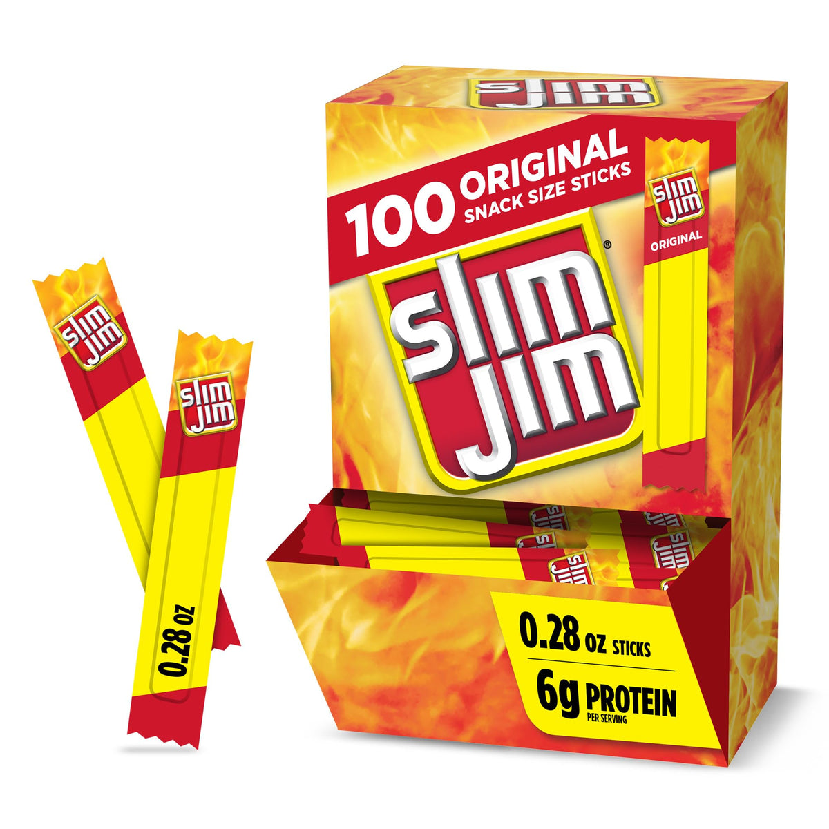 Slim Jim Original snack-size smoked sticks in a 100-count box for convenient pantry snacking.