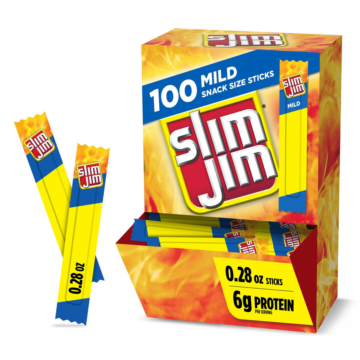 Slim Jim smoked meat sticks mild flavor packaging for quick purchase