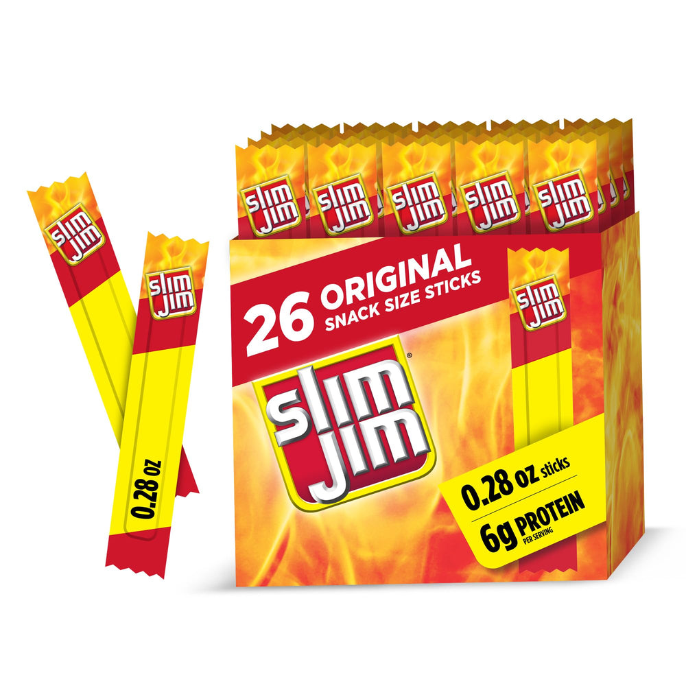 Slim Jim Smoked Meat Sticks box 26-count delivers bold, smoky flavor for on-the-go snacking.