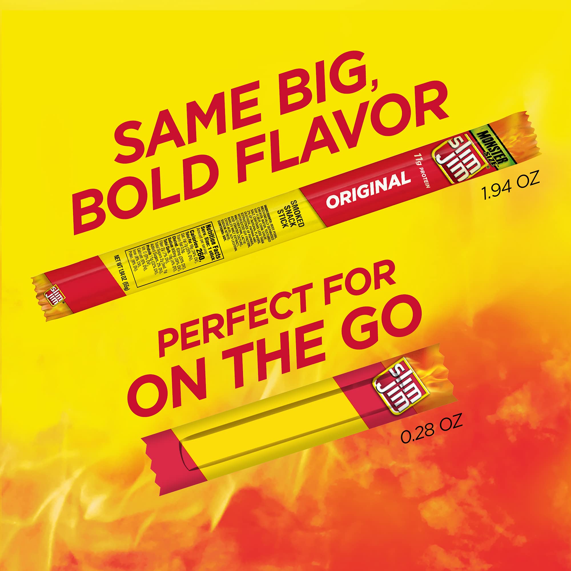 Slim Jim Smoked Meat Sticks stick-closeup highlights juicy beef, pork and chicken blend.