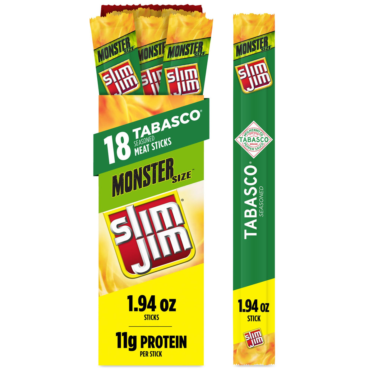 Slim Jim Tabasco Monster box front highlights bold flavor and 18-count packaging.