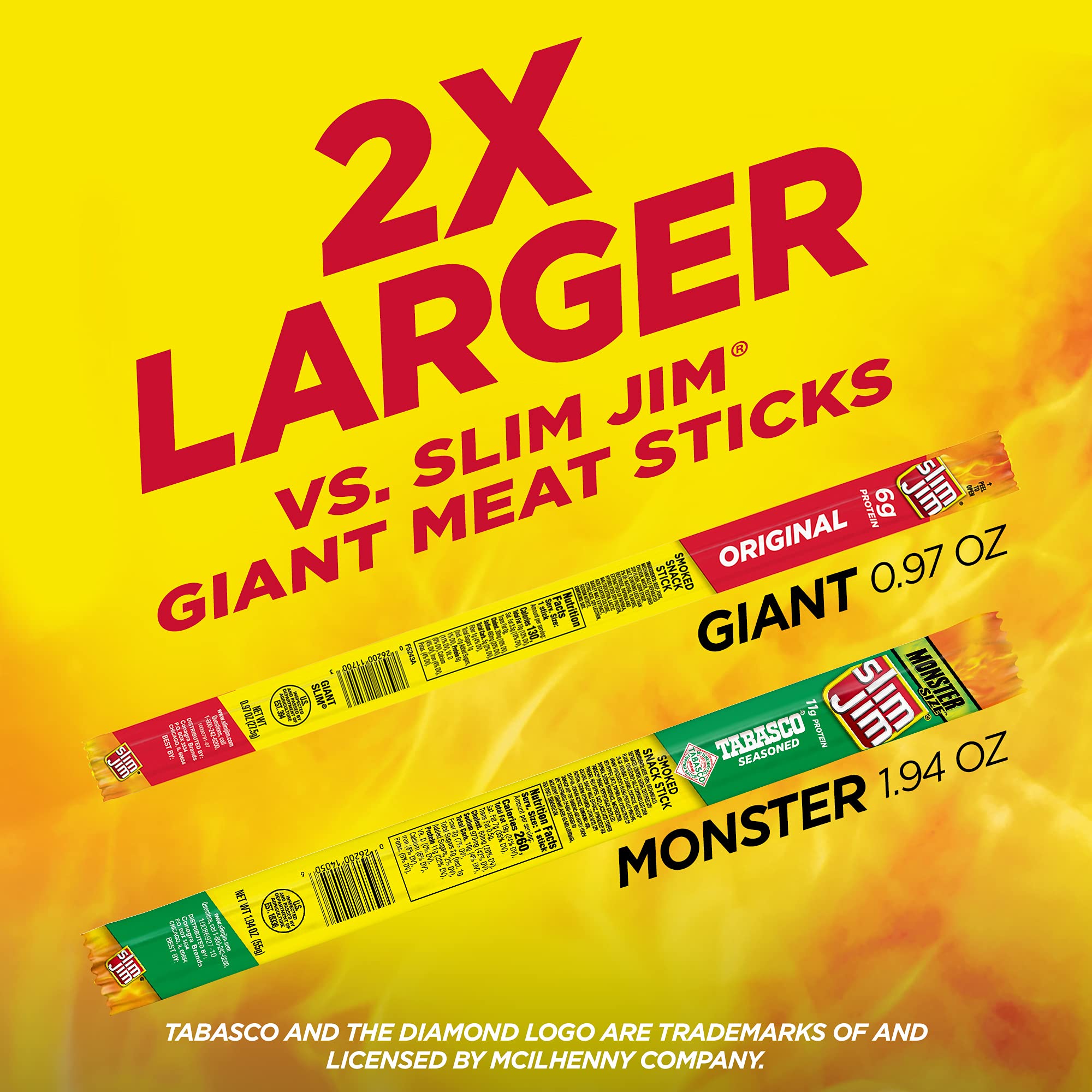 Slim Jim Tabasco Monster sticks easy open pack for on-the-go snacking.