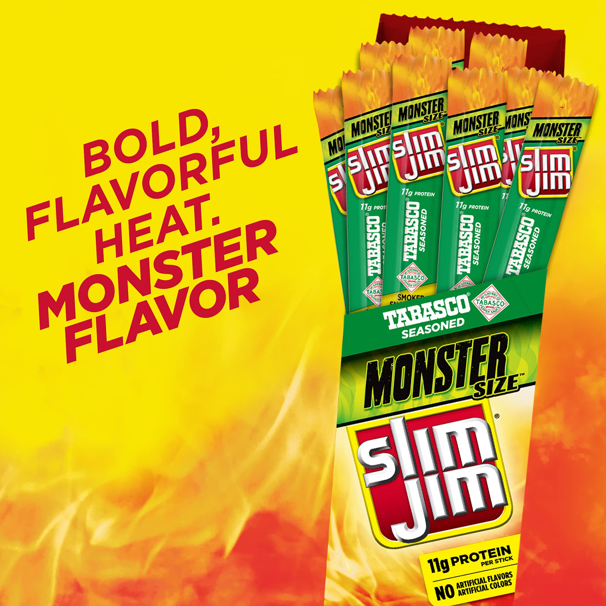 Slim Jim Tabasco Monster sticks held in hand for a quick bite.