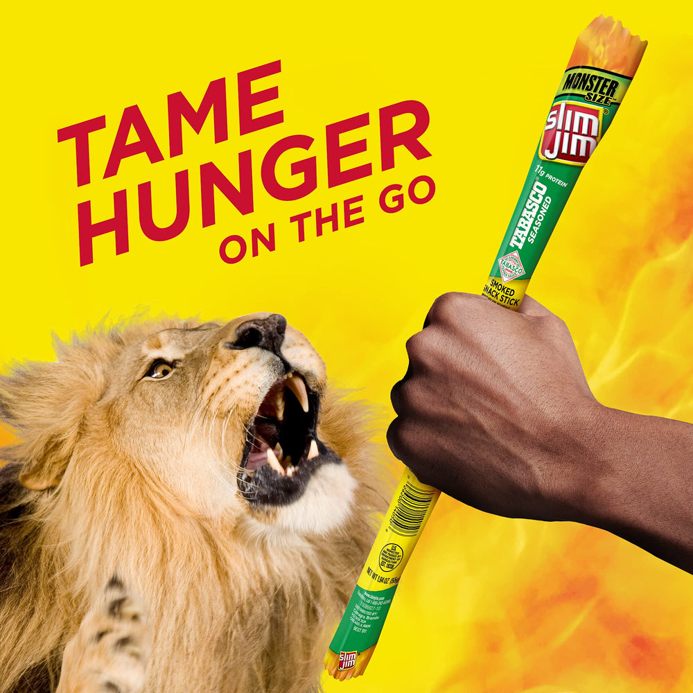 Slim Jim Tabasco Monster sticks individually wrapped for grab-and-go ease.