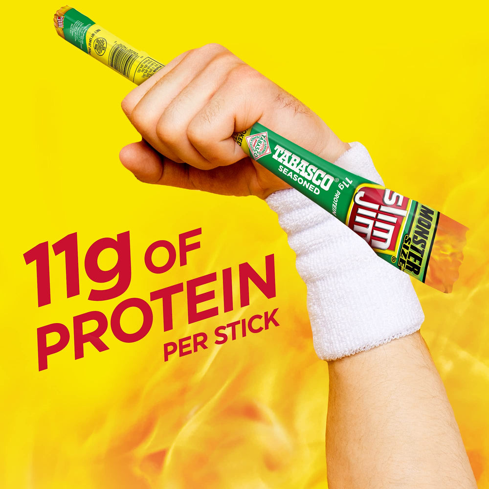 Slim Jim Tabasco Monster sticks stacked on shelf ready for snack time.