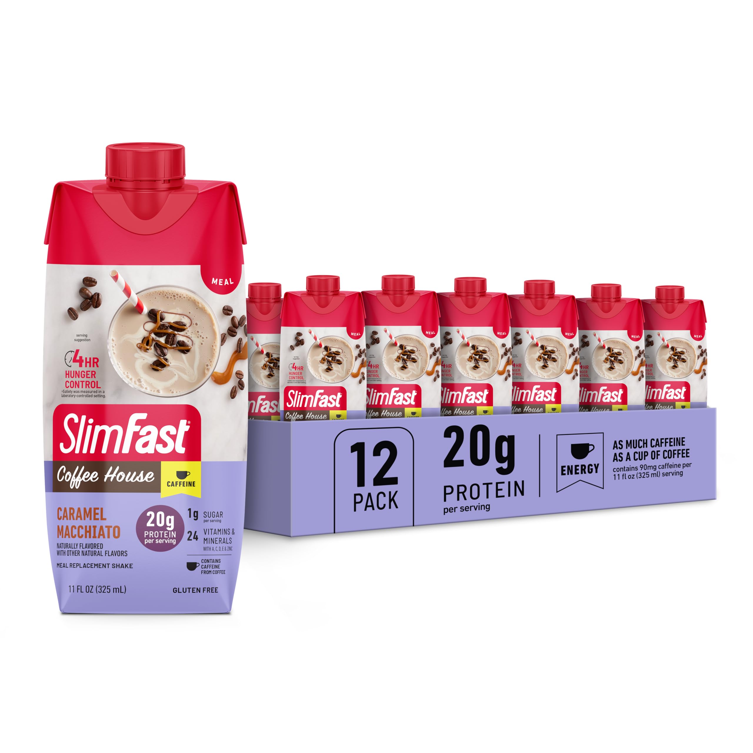SlimFast Caramel Macchiato shake bottle showing a creamy texture for on-the-go meals.