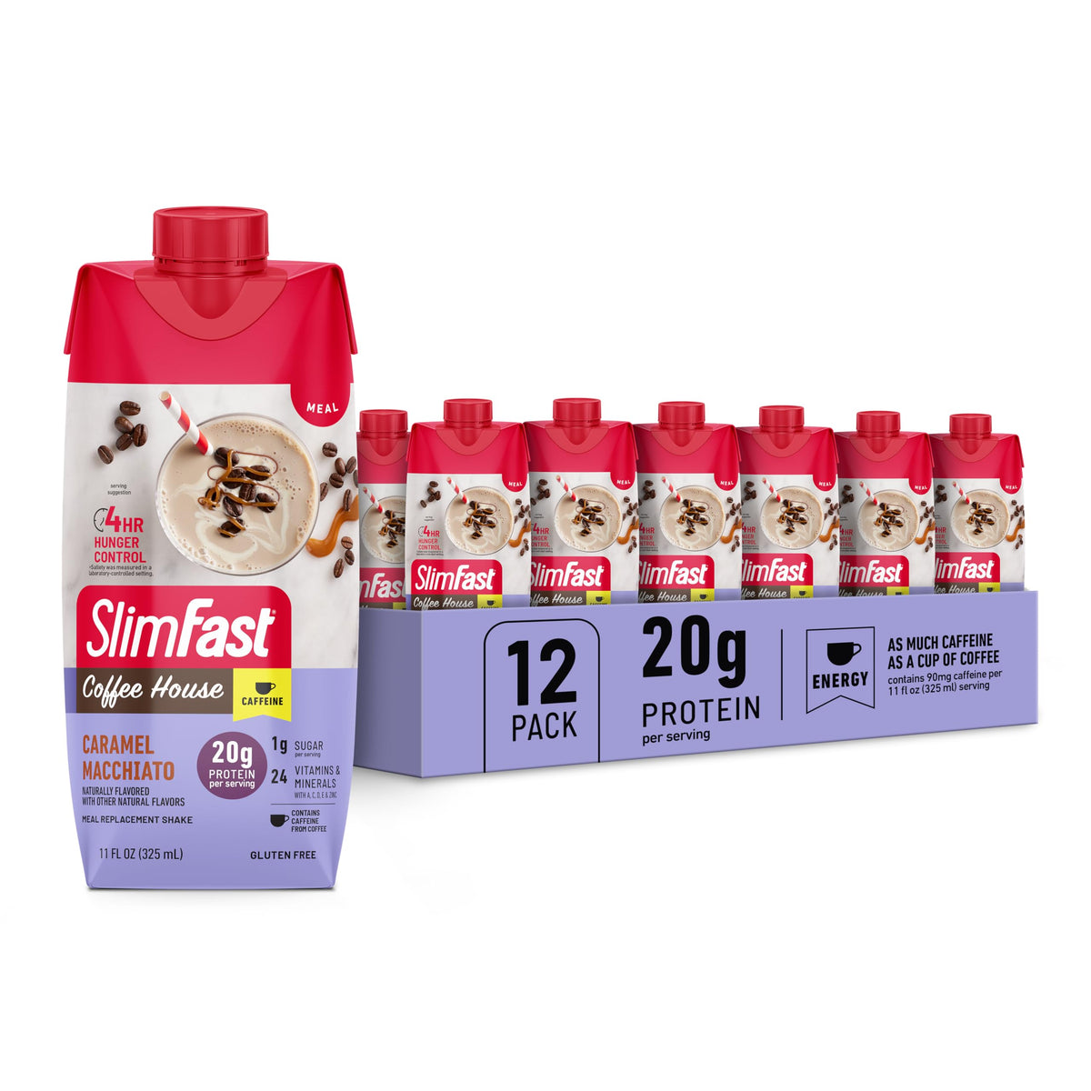 SlimFast Caramel Macchiato shake bottle showing a creamy texture for on-the-go meals.