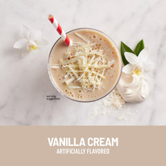 Prepared vanilla cream shake in a glass using SlimFast powder for on-the-go nourishment