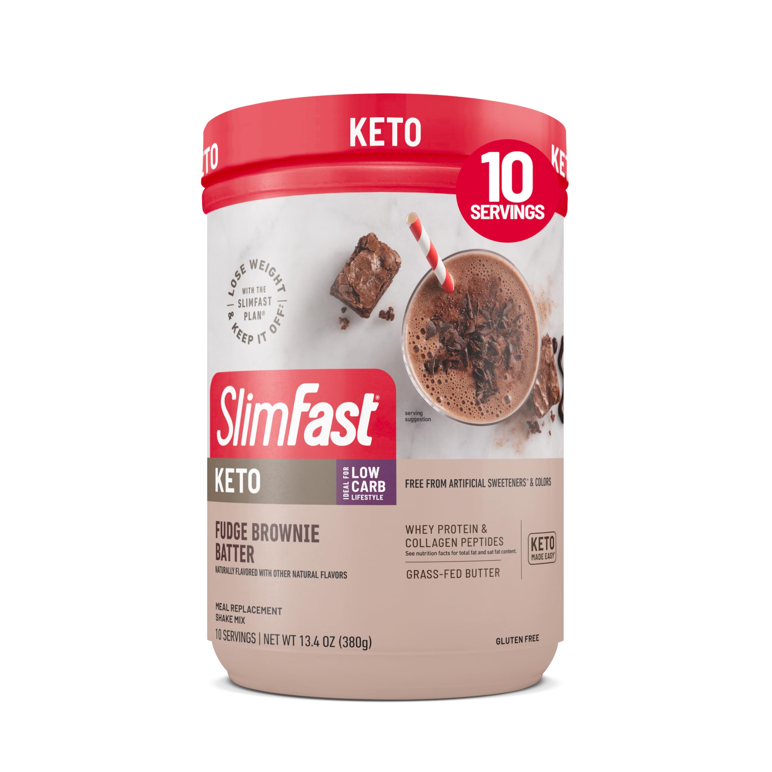 SlimFast Keto Shake poured into a glass with brownie batter flavor for keto meals